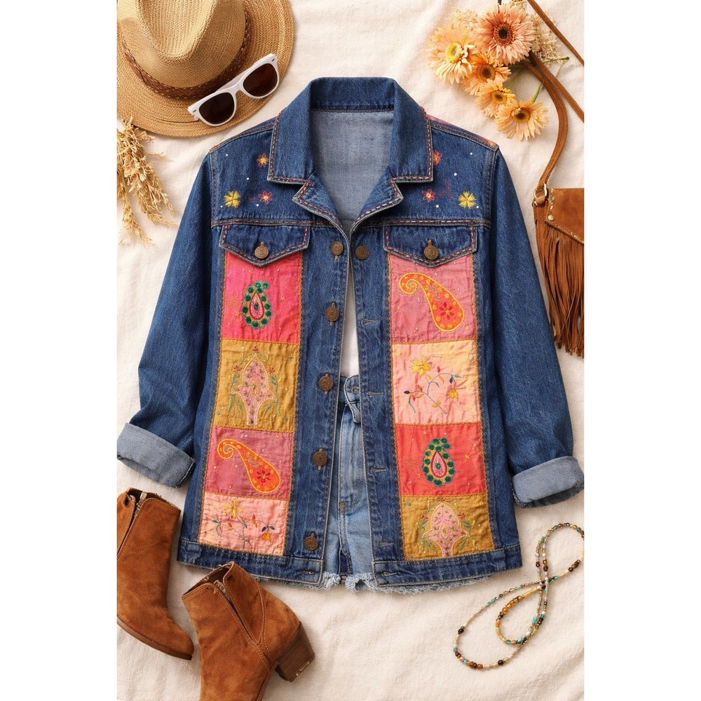 Vintage Patchwork Denim‎ Jacket NWT Women S Boho Embroidered Hippie Y2K Festival